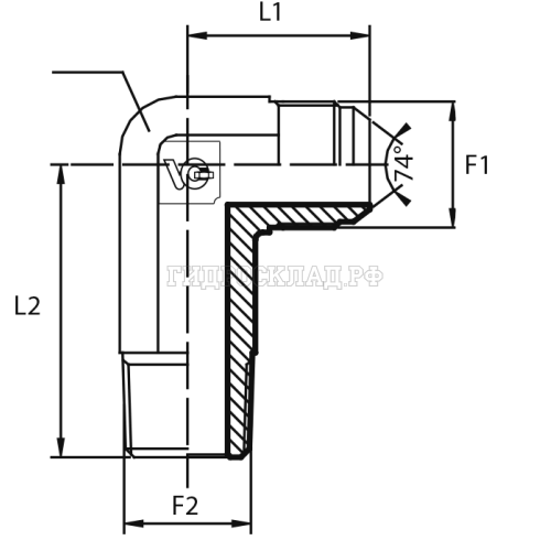 Адаптер 90° JIC(ш) 7/16" - BSPT(ш) 1/4" L2=52.5 удлин. (Vitillo SPA)