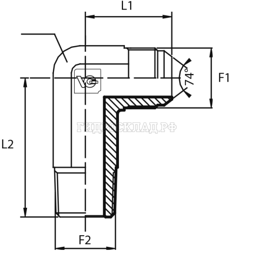 Адаптер 90° JIC(ш) 1.1/16" - NPT(ш) 1/2" L2=82.5 удлин. (Vitillo SPA)