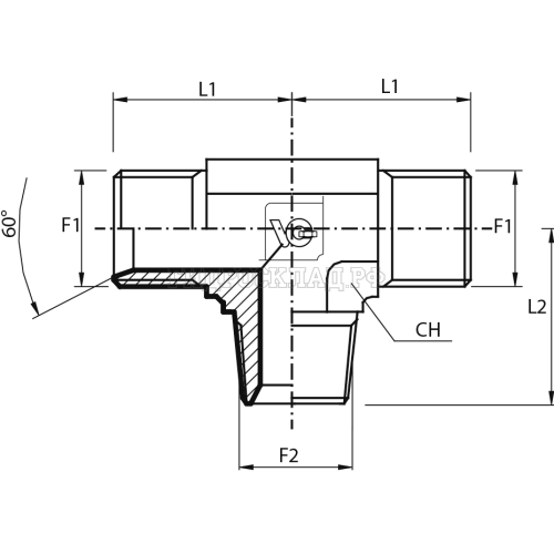 Адаптер тройник  JIC(ш) 7/8" - JIC(ш) 7/8" - NPT(ш) 3/4" (Vitillo SPA)