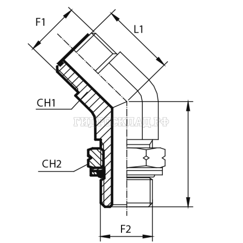 Адаптер 45° ORFS(ш) 11/16" - Metric(ш) 14X1.5 o.r.+ контргайка (Vitillo SPA)