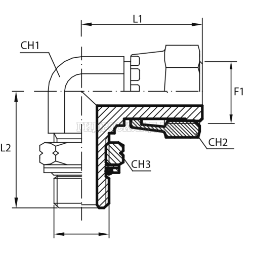 Адаптер 90° ORFS(г) 1.7/16" - Metric(ш) 33X2 o.r.+ контргайка (Vitillo SPA)